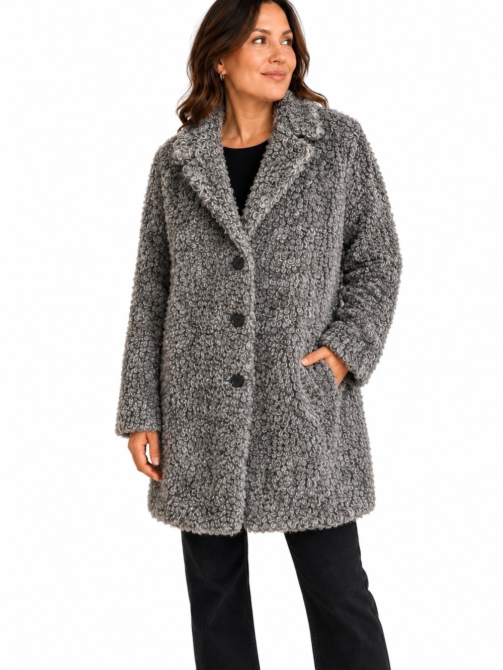Zara Grey Marl Textured Faux Fur Astrakhan Bouclé Teddy Coat Size Medium